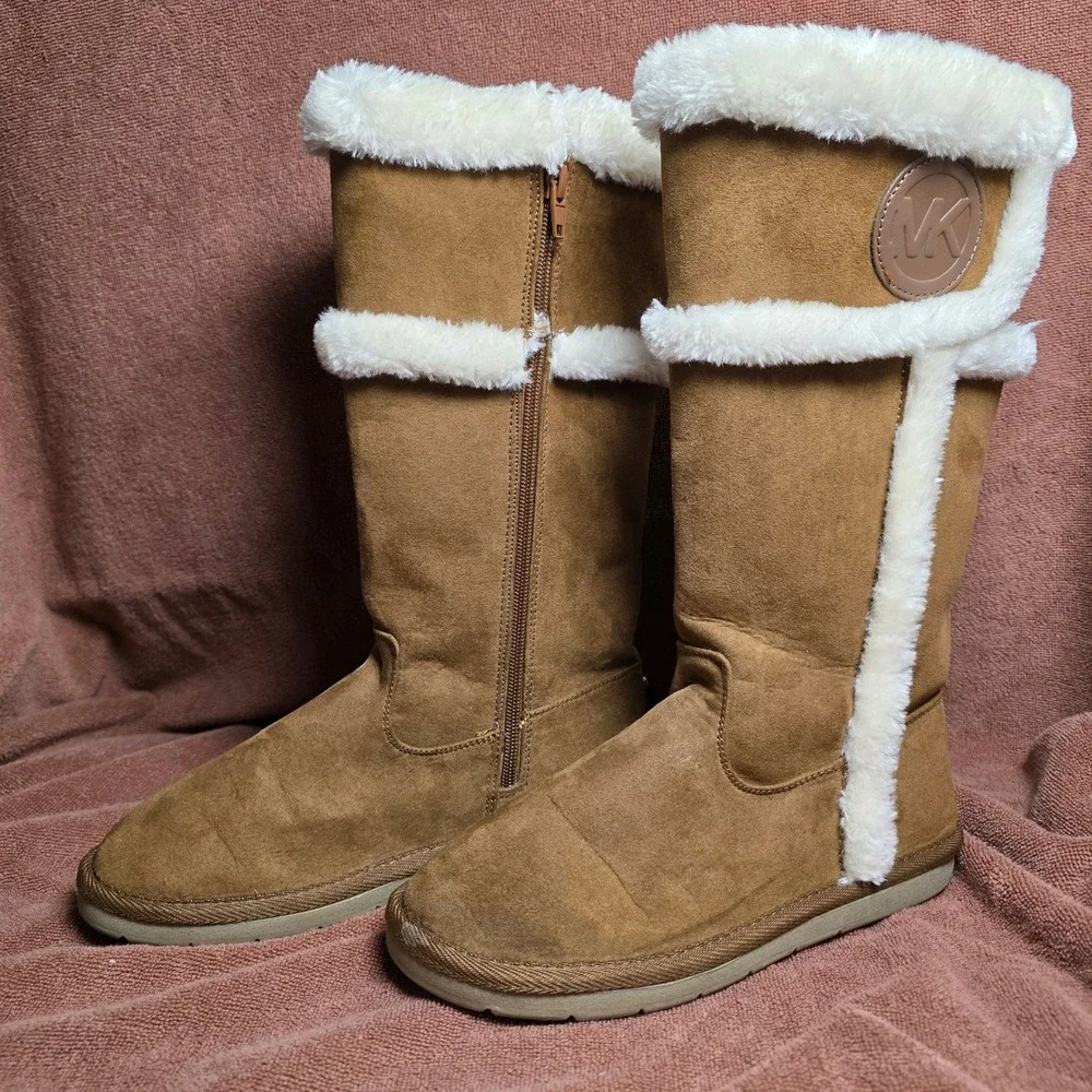 Michael Kors Womens Brown Faux Fur Trim Tall Winter Boots Cognac Suede Zip Up